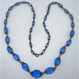 Antique Art Deco 1930s blue Czech glass beads silver tone 30" graduated necklace